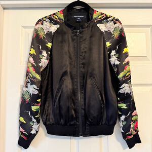 French Connection 100% Silk Bomber Jacket, Size 4, Black Full Zip Floral Sleeves